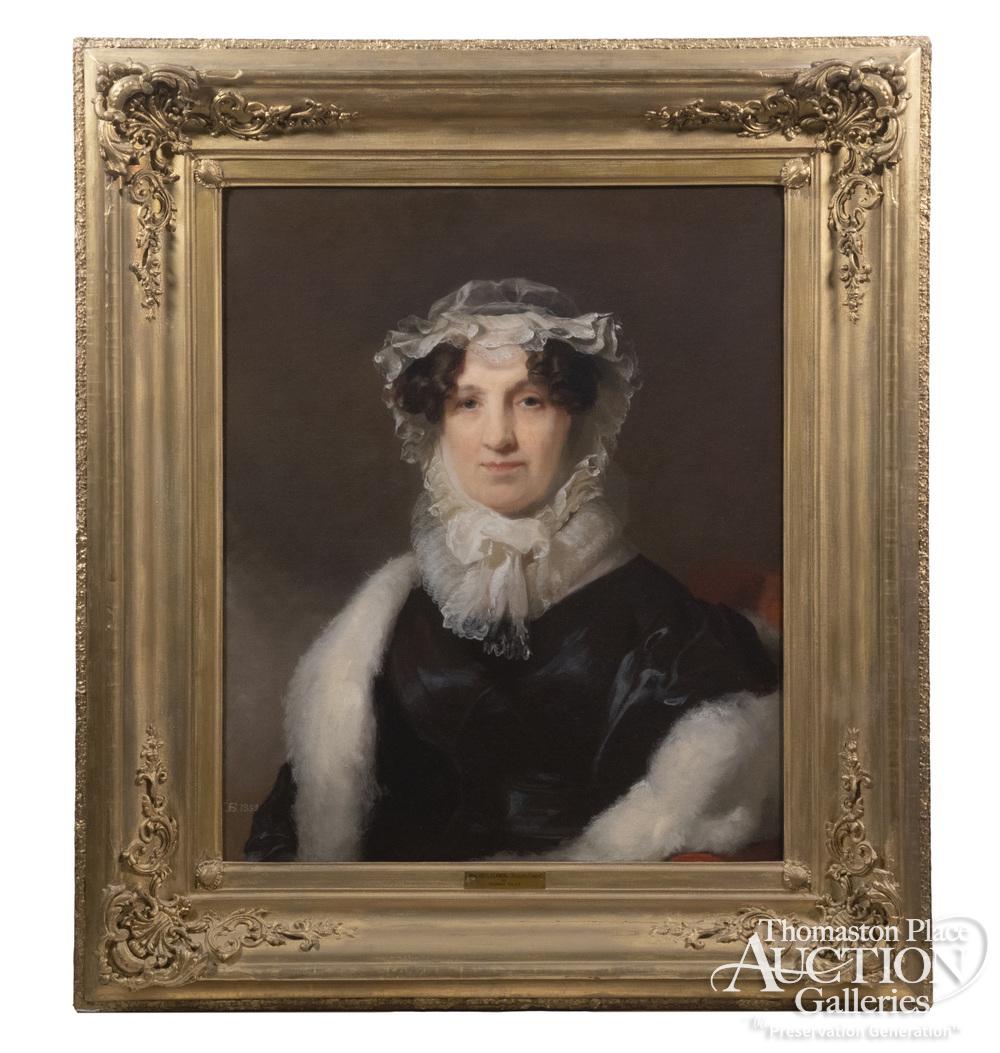 THOMAS SULLY (PA/UK, 1783-1872): Portrait of Mrs. Thomas Leaming, Jr. (nee Rebecca Fisher) (1757-1833). Oil on canvas, initialed lower left and dated 1832. In a fine gold matched corner frame with name tag, OS: 42" x 37 1/2", SS: 29