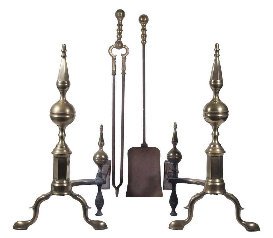 PR STEEPLE TOP ANDIRONS BY J. DAVIS, BOSTON & (2) TOOLS: Pair of Early 19th c. Brass Andirons by James Davis (Boston, active 1803-1828), each with steeple top and ball-shaped element, hexagonal plinth, spurred cabriole legs and pad feet, signed "J. Davis, B