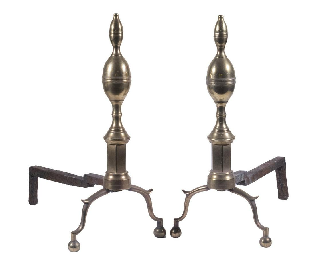 PR DOUBLE LEMON TOP ANDIRONS: Pair of Early 19th c. American Classical Cast Brass Belted Lemon Top Andirons, with hexagonal shafts, spurred cabriole legs and ball form feet, wrought iron log holders, 18 1/4" high, 8 1/2" x 16 3/4"