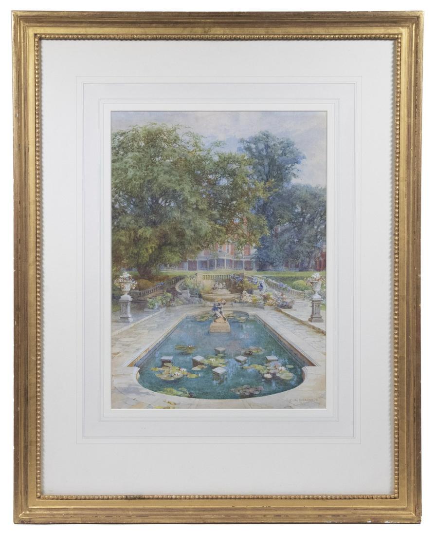 ERNEST ALBERT CHADWICK (UK, 1876-1955): "The Pond at 'The Hill', Hampstead, London", watercolor on paper, signed lower right, titled on labels from Christopher Wood Gallery of 141 New Bond Street, London. Housed in gilt cove frame with bead