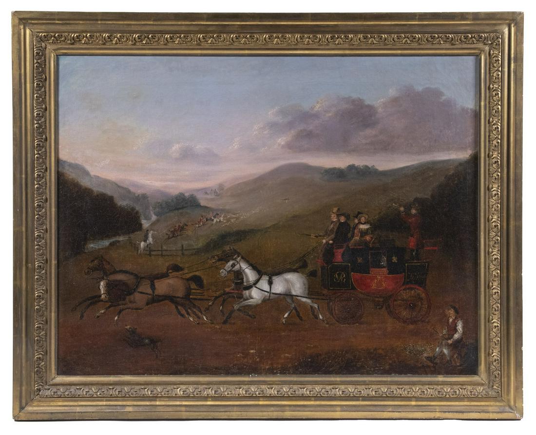 JAMES POLLARD (UK, 1792-1867): The Royal Mail Coach Crossing a Highland Fox Hunting Course, (cipher of Queen Victoria), oil on canvas, signed lower left, in vintage water gilt gesso frame, OS: 24 1/2" x 30 1/2", SS: 19 1/2" x 25 1/