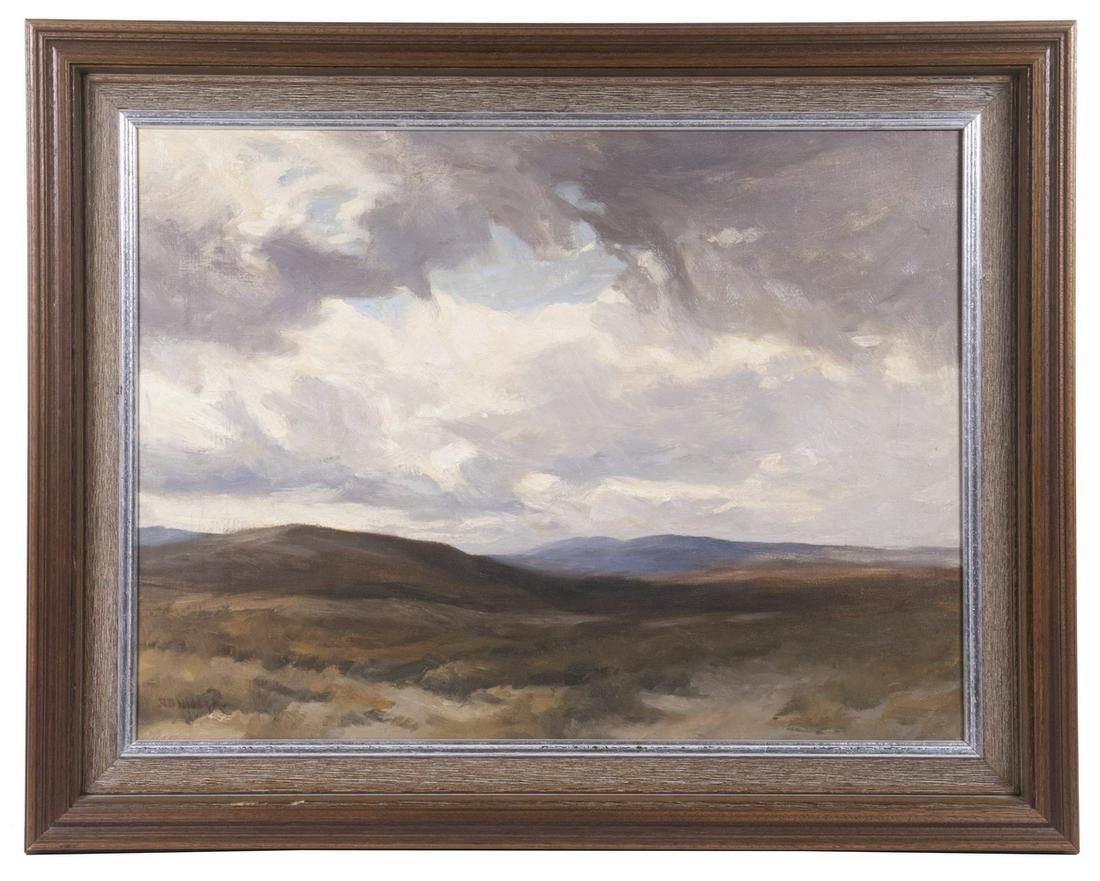 ROBERT BUCHAN NISBET (UK, 1857-1942): "A Moorland Sky, Barden, Crieff", oil on canvas, signed lower left, titled and signed verso, a lovely Scottish landscape view, in a wooden frame with silvered lip, OS: 23 1/4" x 29 1/4", SS: 17 1/4" x