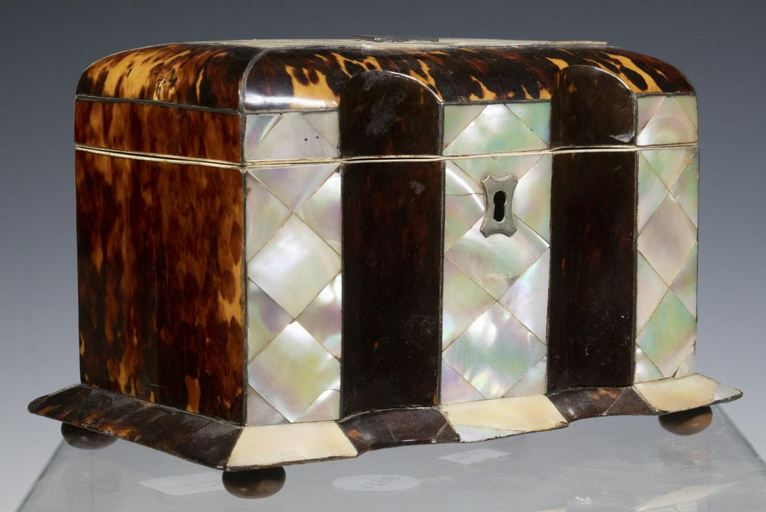 MOTHER-OF-PEARL & TORTOISESHELL TEA CADDY: English Regency Period Silver Mounted Tea Caddy, ca. 1820, having a block-front shape and skirted lower edge, with silver lid cartouche and escutcheon, metal stringing, having harlequin pattern mother