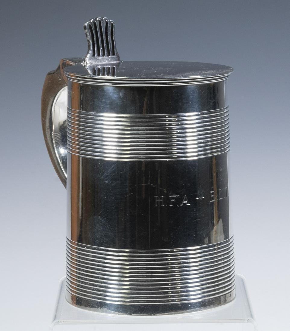 GEORGE III PERIOD SILVER TANKARD: English Sterling Silver Tankard by William Stroud, London, 1805, tapered cylindrical form with reeded body bands, flat lid with pierced thumbpiece, side engraved "HFA + ELT", lid interior engraved "Wa