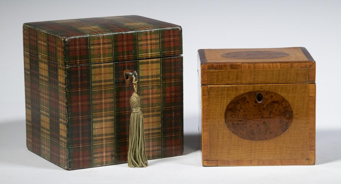 (2) 19TH C. BRITISH TEA CADDIES: Including: Scottish Mauchline Ware tartan decorated caddy, with key, open interior, 5 1/2" high, 5" x 4 1/2", surface wear; and Small satinwood caddy with mahogany crossbanding and inset oval burl pan