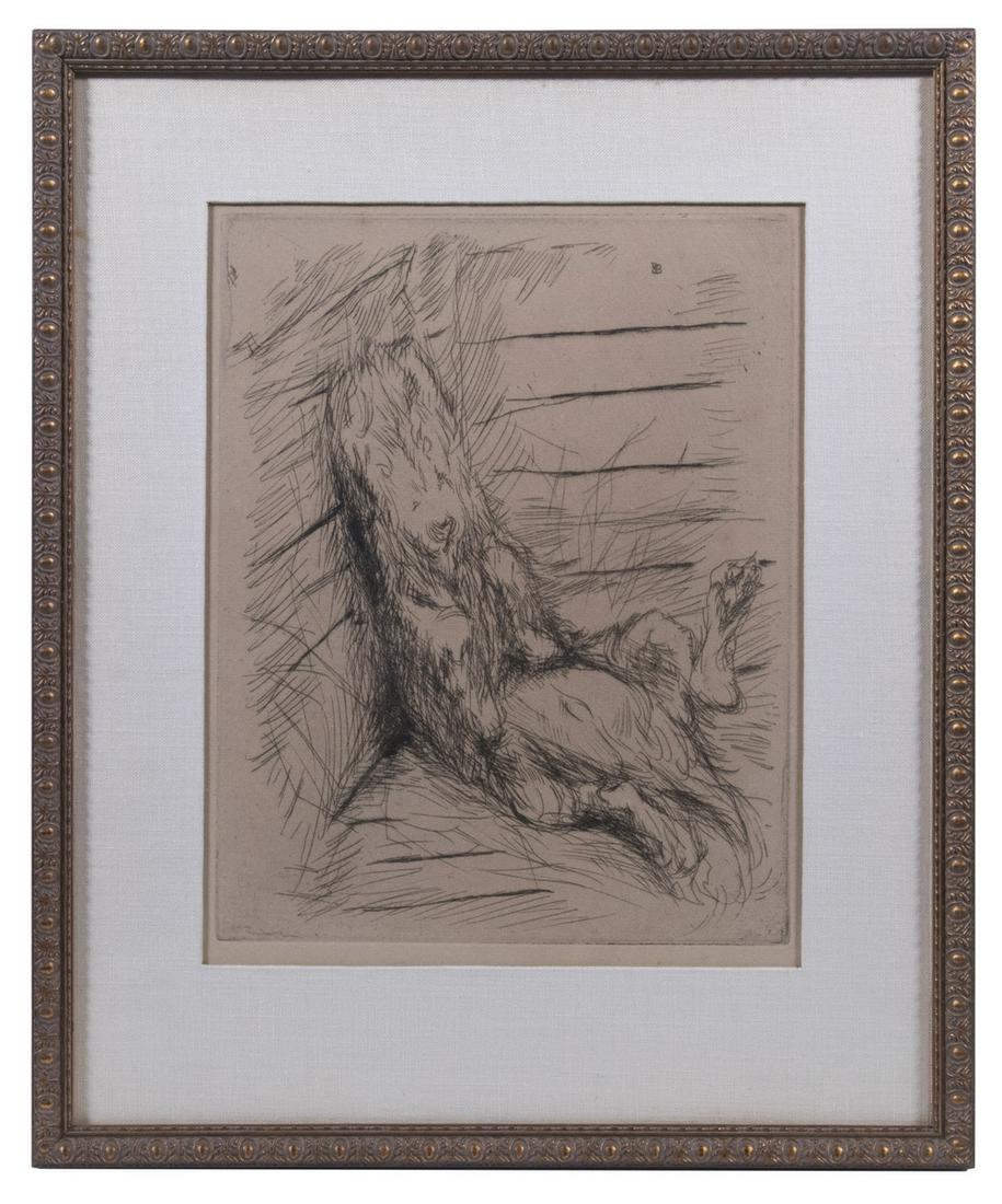 PIERRE BONNARD (FRANCE, 1867-1947): "Dingo" 1924, etching, initialed in plate upper right, depicting a hound dog sprawled into a corner of a barn, in deep sleep, in pressed gold stick frame, matted and glazed, OS: 17" x 14 1/2", impress