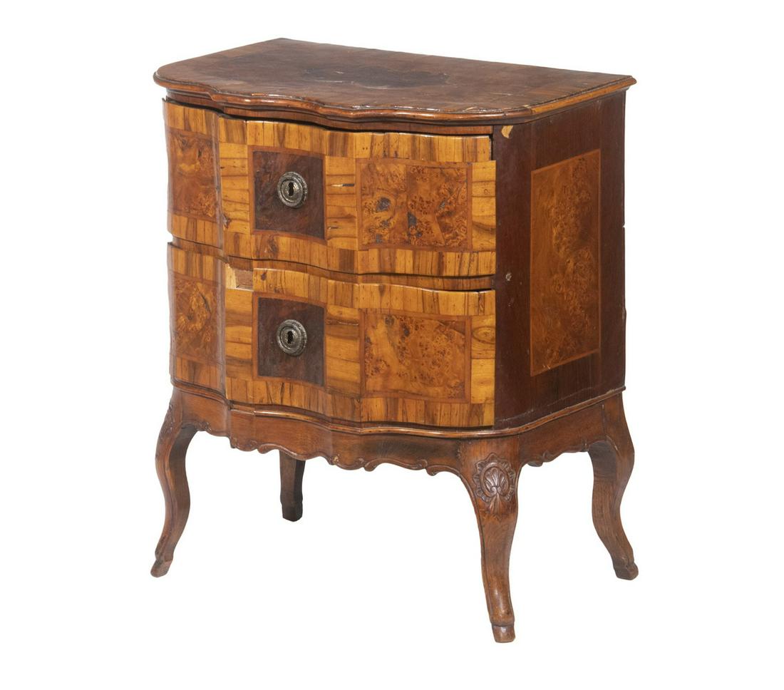 ITALIAN ROCOCO STAND: 18th c. Parquetry Serpentine Two-Drawer Stand, top and front with elaborate burl and exotic wood inlaid decoration, shaped front drawers with round bronze drop bail pulls, burl side panels, set on cab