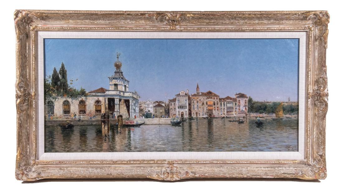 ANTONIO MARIA DE REYNA MANESCAU (ITALY/SPAIN, 1859-1937): "A Venetian Lagoon". Oil on linen, signed lower right, housed in a handcarved gilt frame with linen liner, OS: 19" x 34 1/2", SS: 12 3/4" x 38 1/2", cleaned and relined.