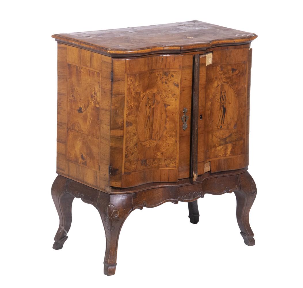ITALIAN MARQUETRY STAND: 18th c. Rococo Serpentine Two-Door Low Cabinet, in walnut with figural marquetry and burl inlay, open interior with single replaced shelf, set on cabriole legs with carved knees, 28" high, 23 1/4" x 1