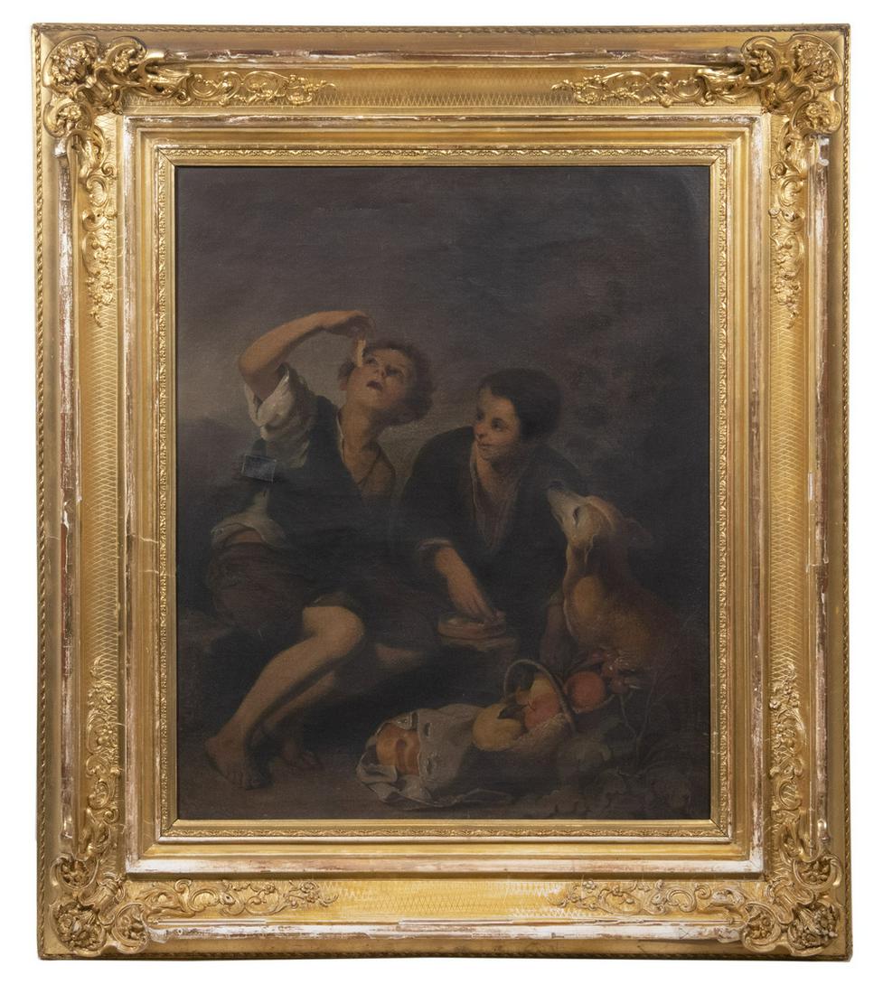 19TH C. ITALIAN STUDENT COPY OF AN OIL PAINTING BY BARTOLOME ESTEBAN MURILLO (SPAIN, 1617-1682): After "The Melon Eaters", the original from around 1645, with stencils verso from Munich, Germany. Note verso indicates this was purchased from a student at the museum in 1864 by an ancestor of the co