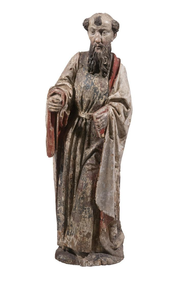 LARGE 17TH C. SPANISH GOTHIC CONTINENTAL SANTOS: Carved and Polychromed standing figure of a Saint, possibly Peter, with tonsured hair and long split beard; white, red and green robes, a Bible in his left hand, his right hand grasping for a missing 