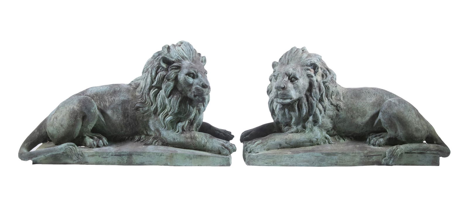 PAIR OF SMALL BRONZE GUARDIAN LIONS: Museum Replicas derived from the New York Public Library Lions "Patience" & "Fortitude", executed in 1910 by Edward Clark Potter (CT/NY, 1857-1923) sand cast and patinated bronze. Unsigned. Roughly 12
