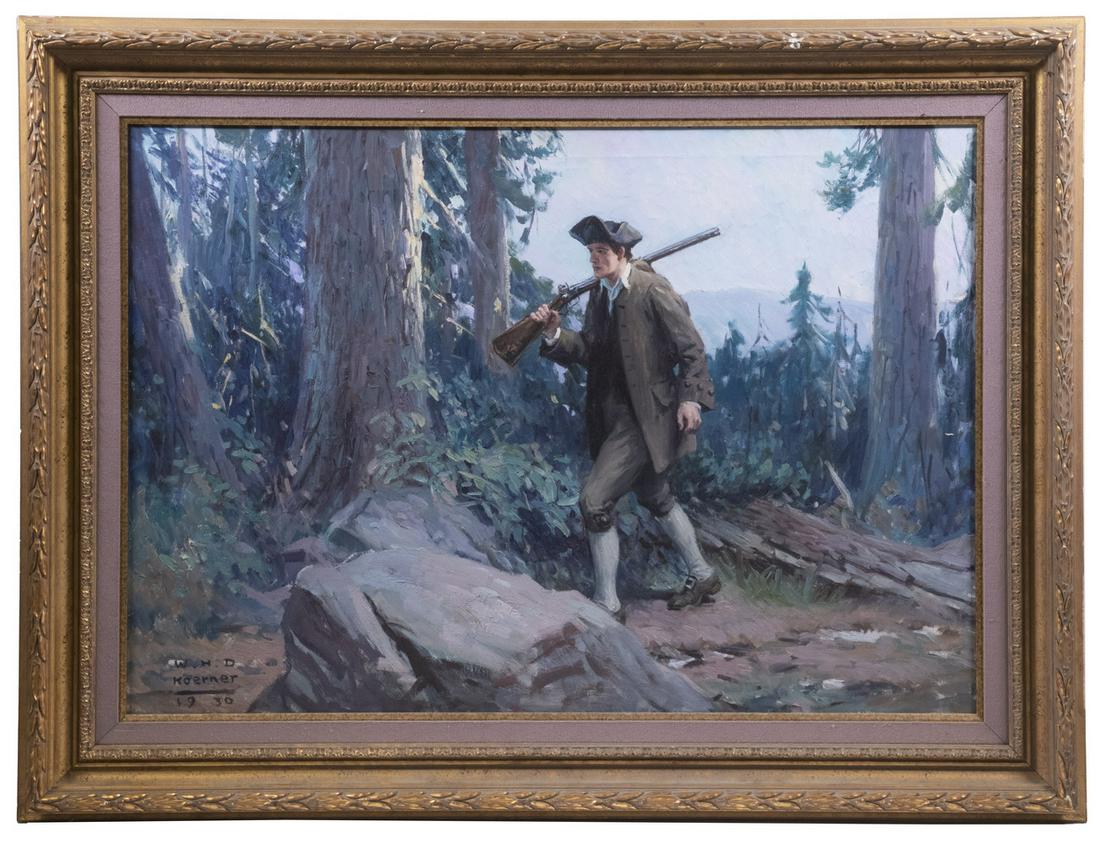 WILLIAM HENRY DETHLEF KOERNER (NJ/NY/MT, 1878-1938): Catalog #2062. "Heading for a Shooting Match" A narrative oil sketch white field illustration for "The Long Rifle" by Stewart Edward White, appearing in "Saturday Evening Post", July 5, 1930. Oil on c