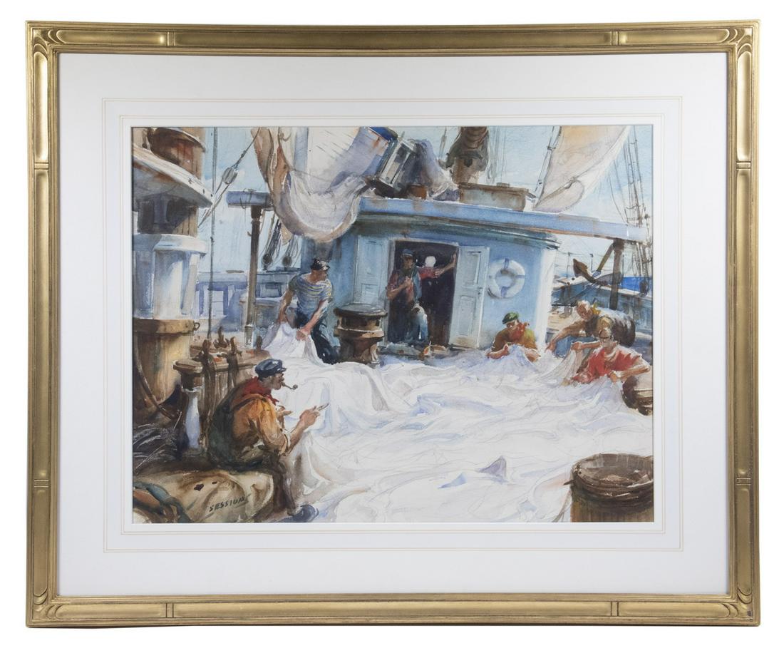 JAMES MILTON SESSIONS (IL, 1882-1962): Schooner Crew Repairing the Sails, watercolor on Arches paper, signed lower left, in handcarved gilt Arts & Crafts style frame, under French-ruled mat, glazed, OS: 27 1/2" x 33", SS: 18" x 23 3/4", go