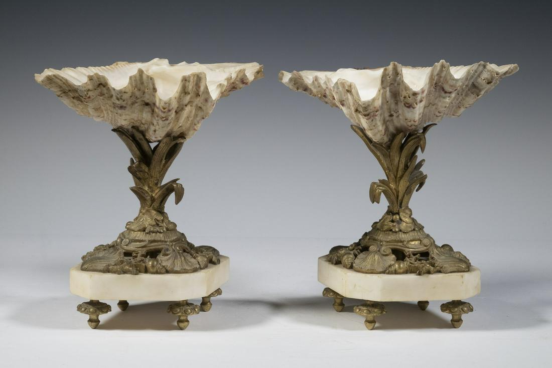 PAIR OF SEASHELL, MARBLE & BRONZE BOWLS, MANTEL GARNITURES (1 of 3)