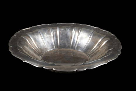 GERMAN SILVER CENTER BOWL: Mid-19th c. Oval 812-Silver Bowl by Sackermann, Hessenberg & Co., Frankfurt, with flat top rim and shaped edge, fluted sides, footed base, base stamped with crowned '13' (lot) mark and SH & Co. maker'