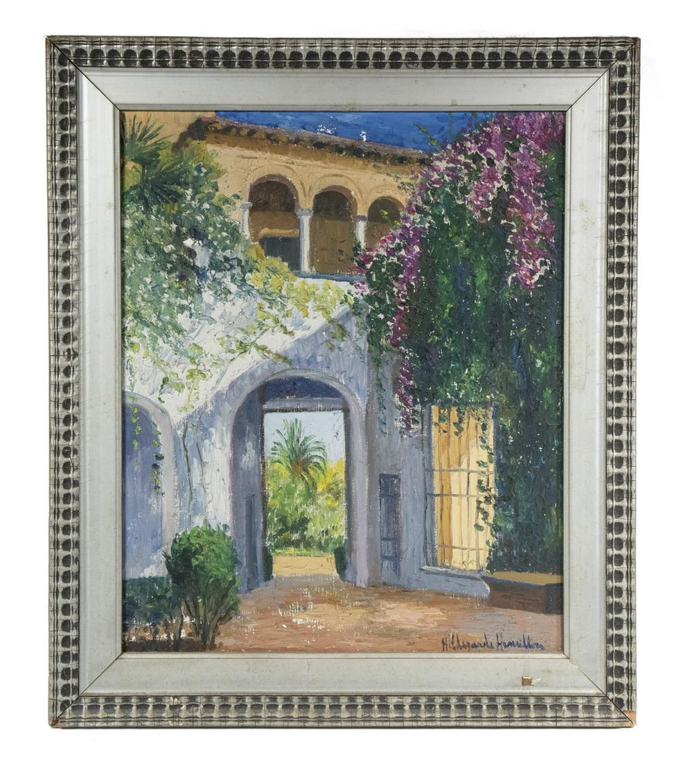 HILDEGARDE HUME HAMILTON (FL/VA, 1898-1970): "Jardin de Alcazar, Seville" oil on canvas, signed lower right, titled on label from the National Arts Club Summer Exhibition and a second label from the Planfield Art Association, both undated, circa