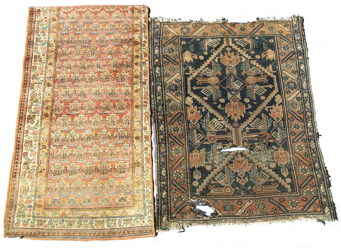 (2) HAMADAN RUGS: One midnight blue diamond motif, rust red serrated leaf border, 2'-9" x 5'-3", extensive damage, poor condition; The other with staggered rows of boteh in sky and midnight blue, gold and rust red on t