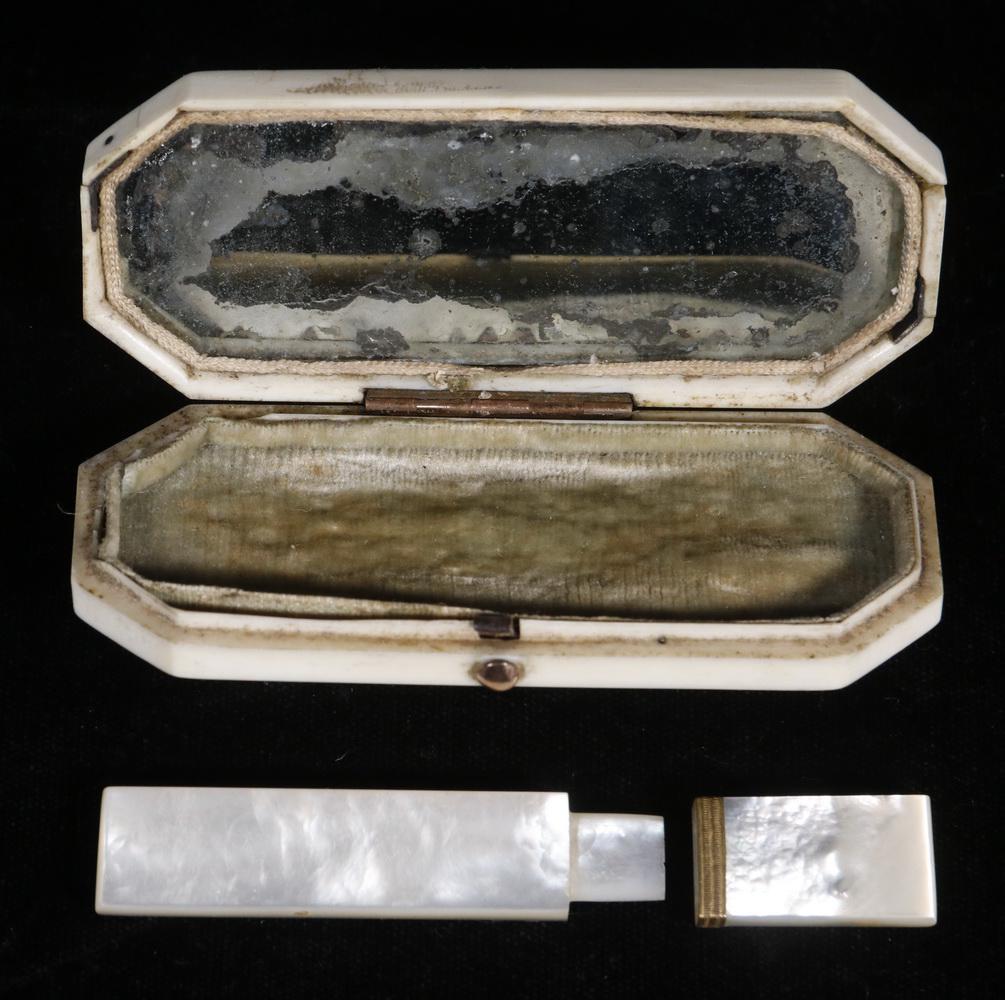 EARLY GOLD MOUNTED PATCH BOX & NEEDLE CASE: Lot of (2) Small Boxes, incl: 18th c. gold mounted octagonal ivory patch box, probably French - Louis XVI, with hinged lid and velvet lining, grey scale watercolor painting of a Classical scene on lid