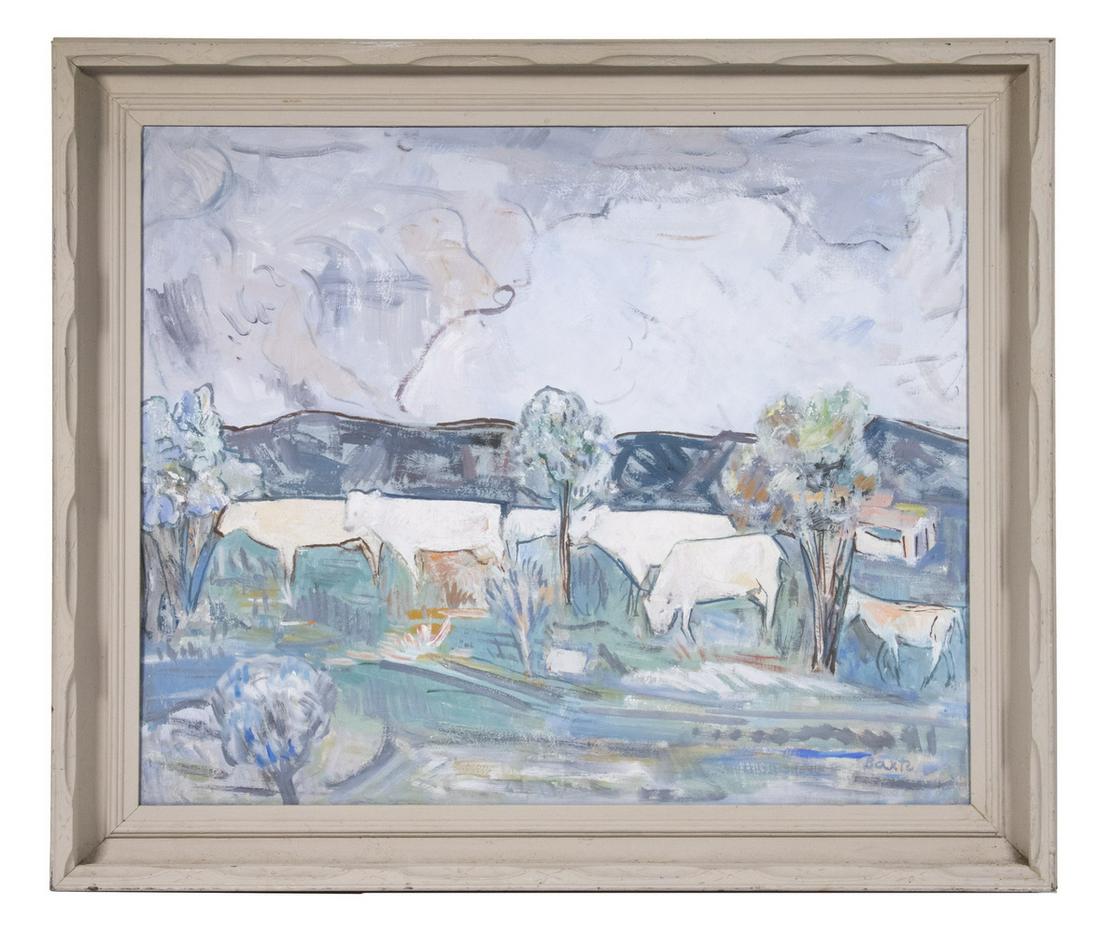 MICHAEL BAXTE (NY/NM, 1890-1972): "Cattle Grazing", oil on masonite, signed lower right, titled verso, in hand carved tan painted deep cove frame, OS: 28 3/4" x 33 3/4", SS: 23" x 28". Good condition.