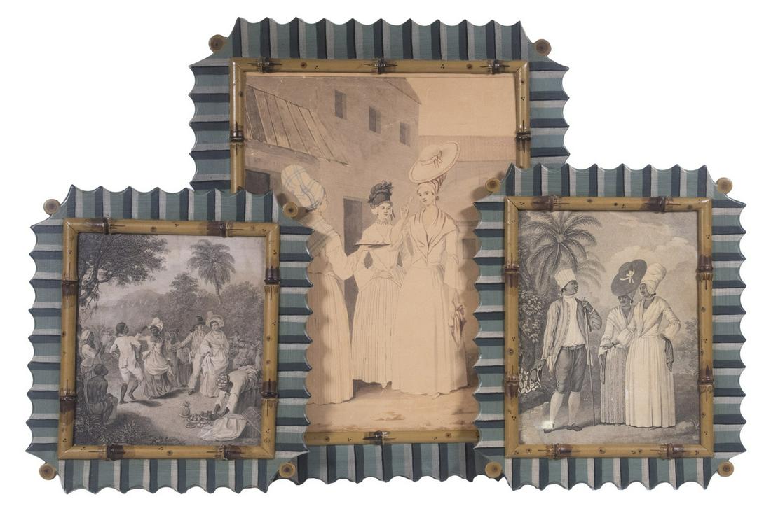 TRIO OF BRITISH COLONIAL ENGRAVINGS IN MATCHING HANDPAINTED FRAMES (1 of 4)