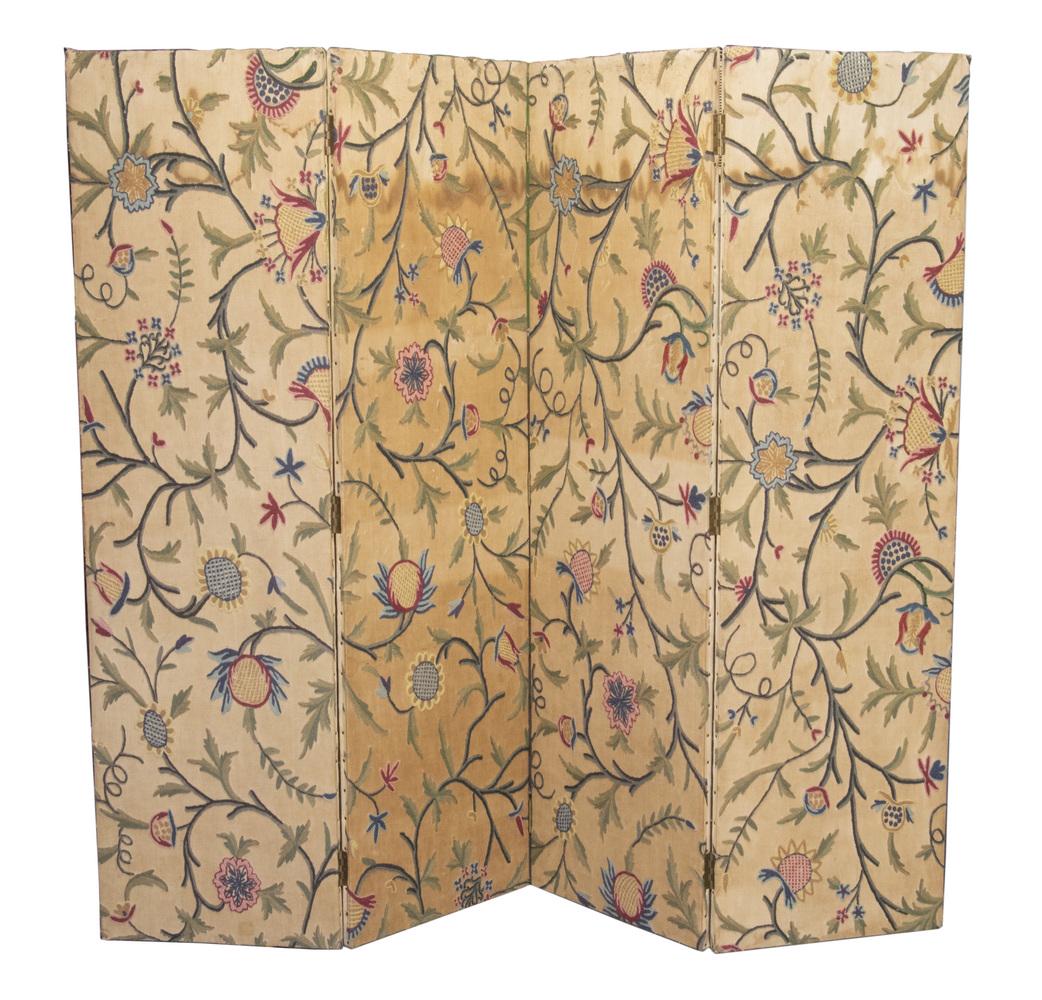 FOUR-FOLD CREWEL WORK FOLDING SCREEN: Flat topped, solid front behind crewelwork on tan linen, plain linen back, butt hinges, each panel 72" x 20 1/4" x 1 1/4" each panel. Wear to outside end edges.