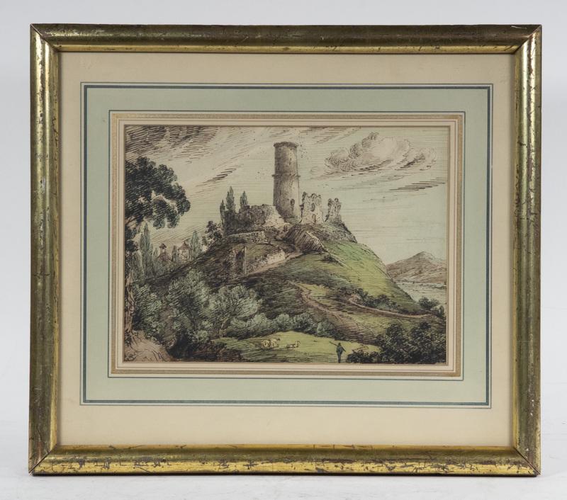 19TH C. GERMAN DRAWING OF CASTLE RUINS ON THE RHINE, UNSIGNED (1 of 3)