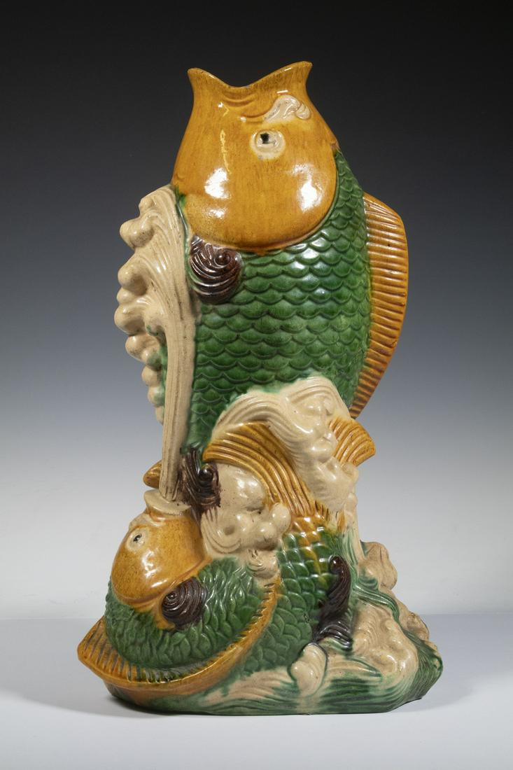 CHINESE SANCAI GLAZE POTTERY KOI FISH VASE (1 of 4)