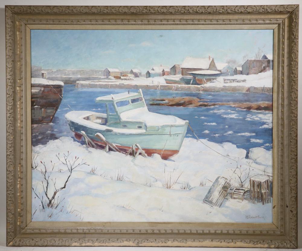 H. ROBERT SMITH (MA, 20TH C.): "Winter Solitude", oil on canvas, signed lower right, titled on label verso from a Rockport Art Association Exhibition, with an original price of $1,500, depicting a lobster boat hauled out in snow, i