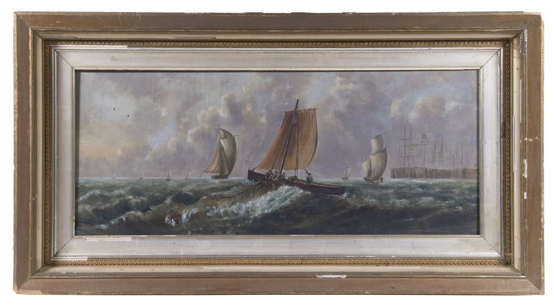 19TH C. DUTCH SEASCAPE PAINTING: Hauling in the Net, oil on canvas, unsigned, depicting a fishing boat and working crew among a variety of sailing vessels near a Dutch harbor, in a gold metal leaf wooden cove form frame, OS: 16" x 29