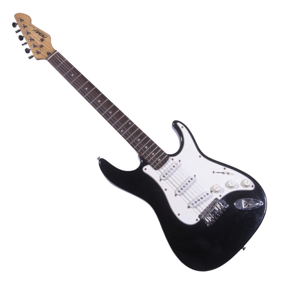 PEAVEY ELECTRIC GUITAR IN ACOUSTIC SOFT CASE: Peavey Raptor, black & white solid body wide top single coil pickups, tremolo bridge, , rosewood fingerboard, six-in-a-line headstock, Master volume and tone controls, 5-way pickup selector, hum cance