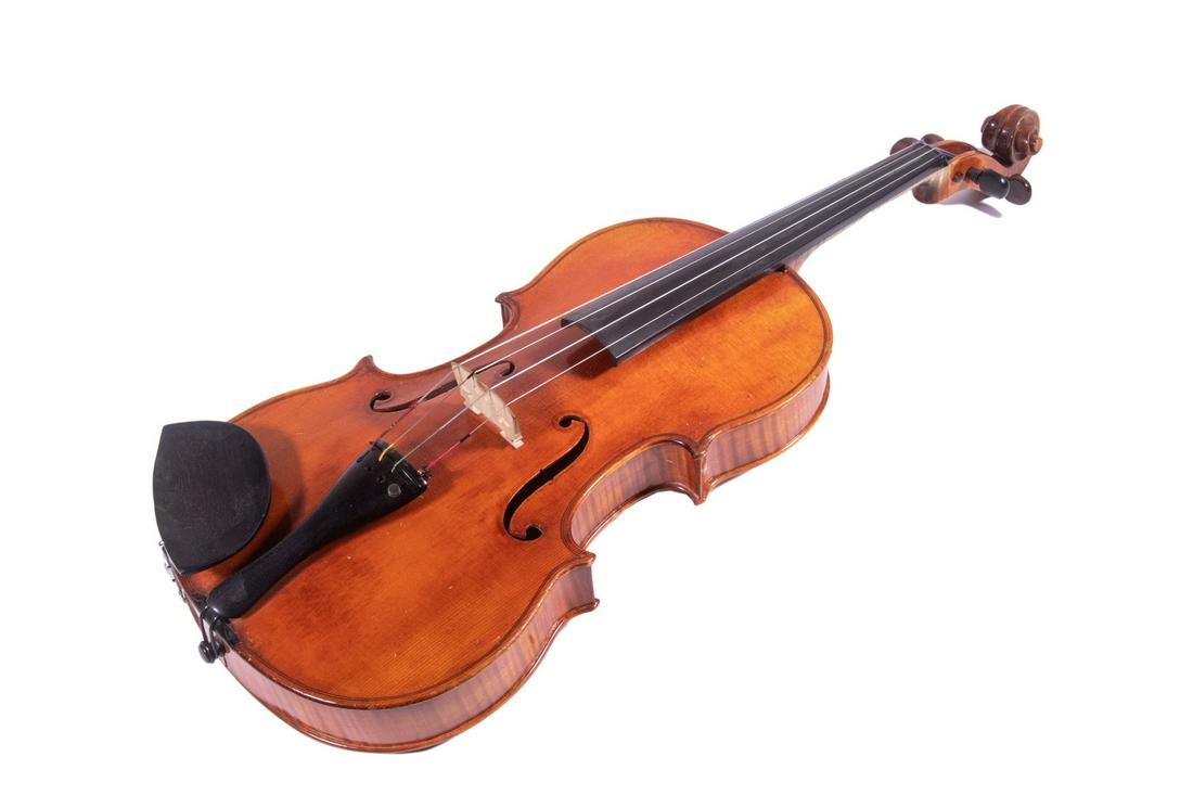 VIOLA, UNKNOWN MAKER: Tiger maple, two part back, and sides, orange varnish, rosewood pegs, well carved scroll, 27" overall, 16" body, fine crack to top, with case.