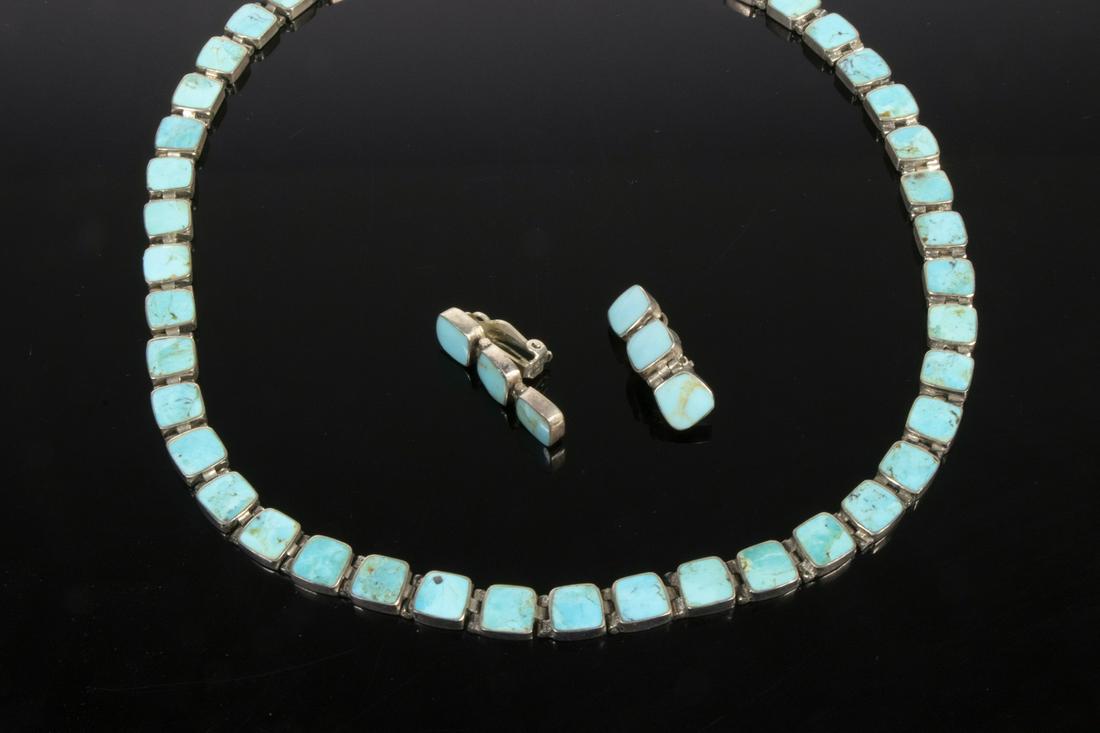 STERLING SILVER & TURQUOISE JEWELRY SUITE: (2) Piece Vintage Silver and Turquoise Jewelry Set, stamped "Made in Chile"including: Necklace, 3/8" wide, 17 1/2" long; and Pair of clip earrings, 1 1/8" long; 1.59 ozt tw. Good condition.