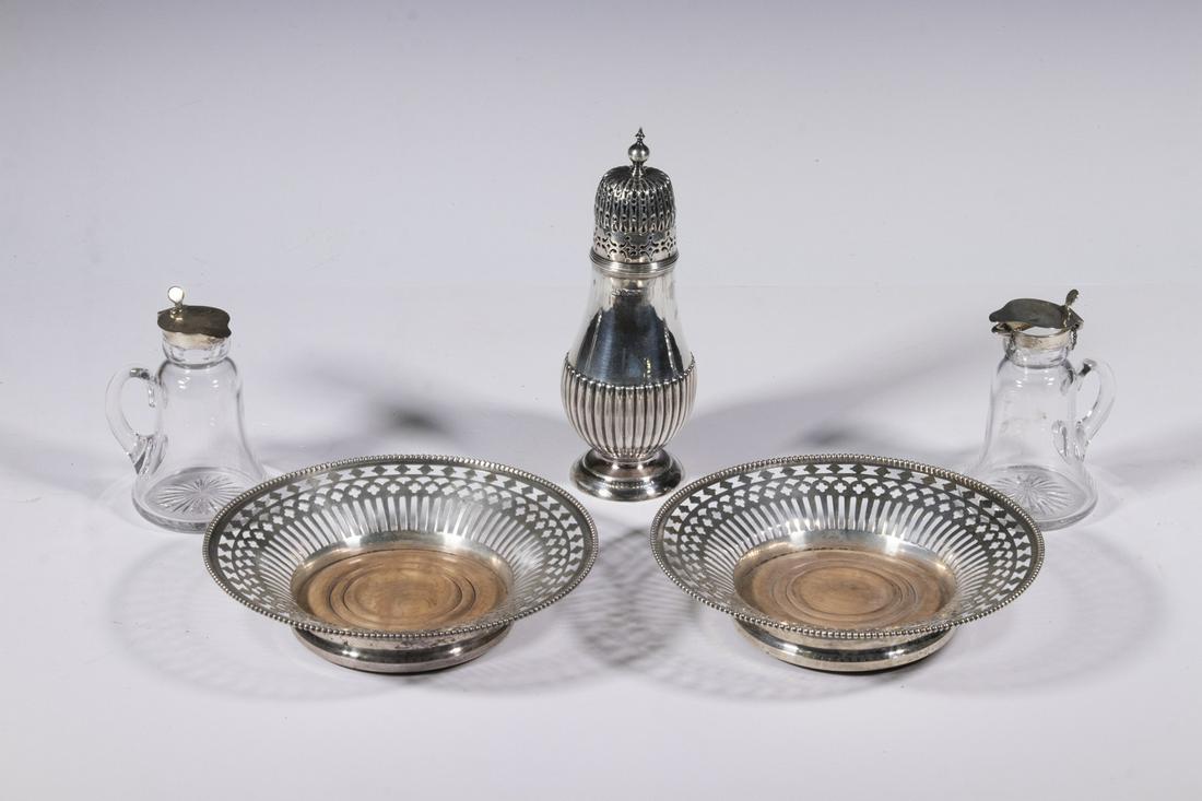 (5) STERLING SERVING ACCESSORIES: Including: Pair of wine coasters by Howard Sterling Co. (Providence, RI, 1891-1901), retailed by J.E. Caldwell & Co., #1148, with pierced sides, beaded rims, and wooden bases, 6 3/4" diam., one missin