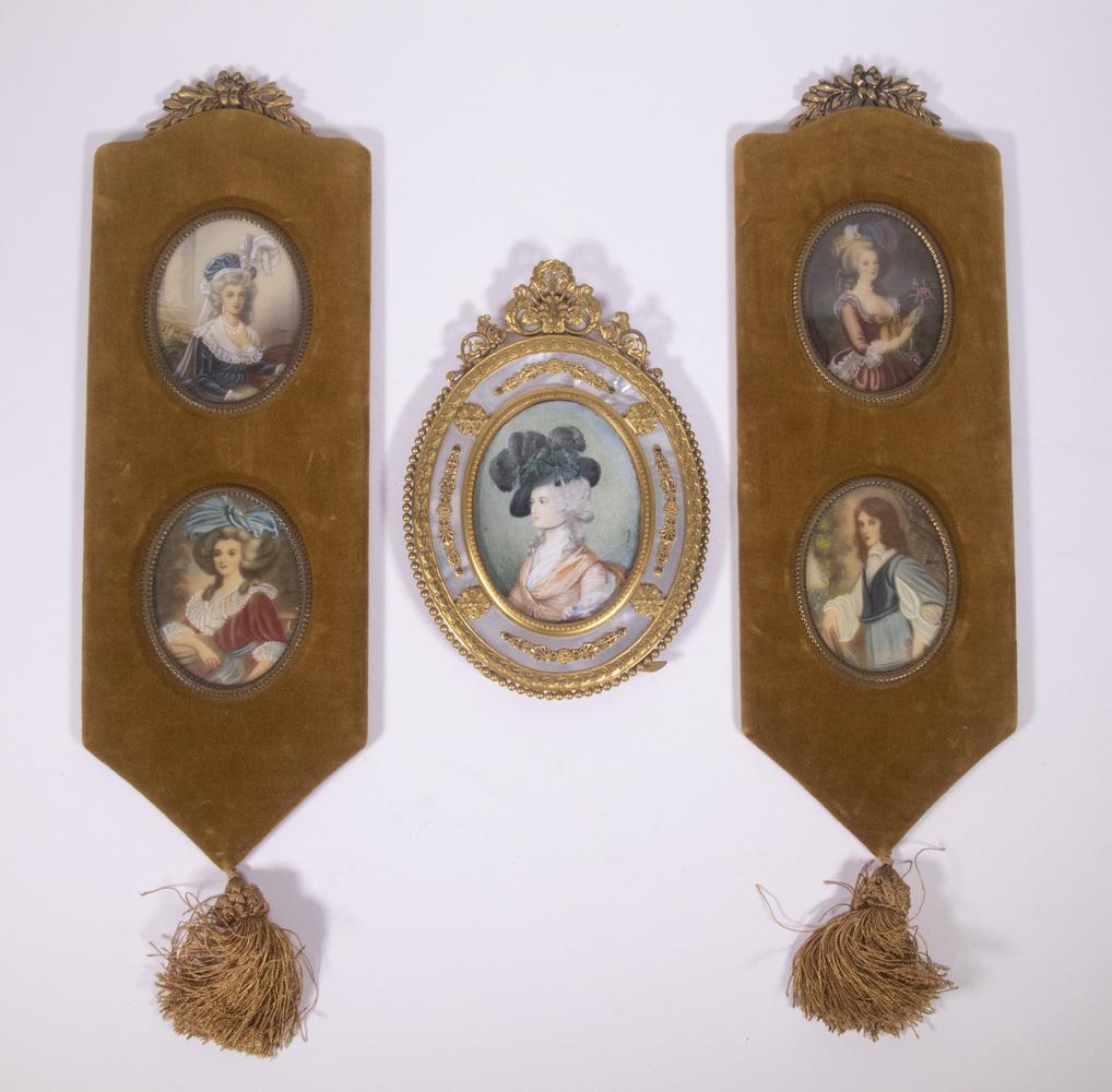 FRAMED MINIATURE PORTRAITS: (3) Piece Portrait Lot, 20th c., hand painted over a printed base, including: (2) Double oval portraits "after Gainsborough", all artist signed, each pair in a velvet wall hanging frame with suspended