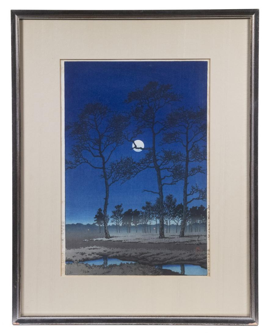 HASUI KAWASE (JAPAN, 1883-1987): "Winter Moon on Toyama Plain", 1931, oban, in silverleaf stick frame, silk mat, glazed, OS: 21" x 16 1/2", SS: 14" x 9 1/2" edge toned.