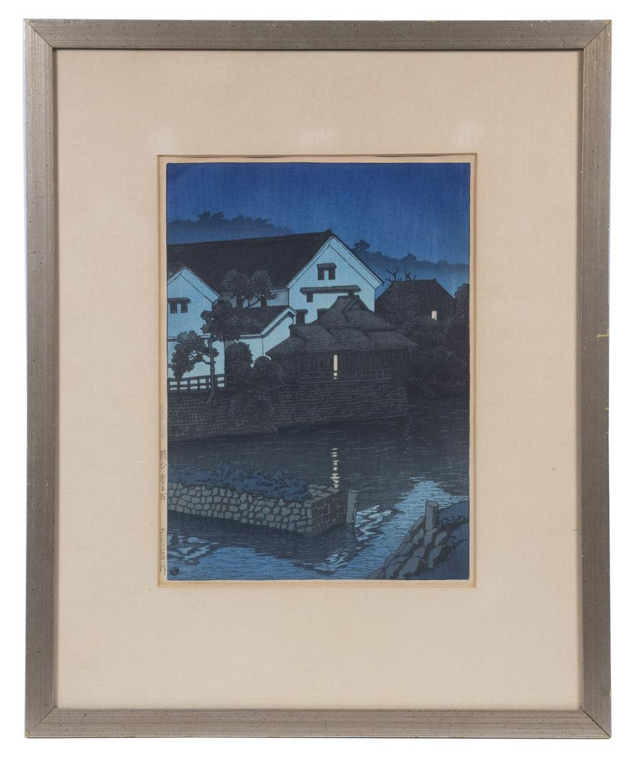 HASUI KAWASE (JAPAN, 1883-1987): "Kasugacho (Kumamoto)", 1916, shin-hanga woodblock print, oban, depicting a canal at night, label from Stewart-Verde Gallery of San Francisco & LA verso, in silvered wood box frame, matted and glazed,