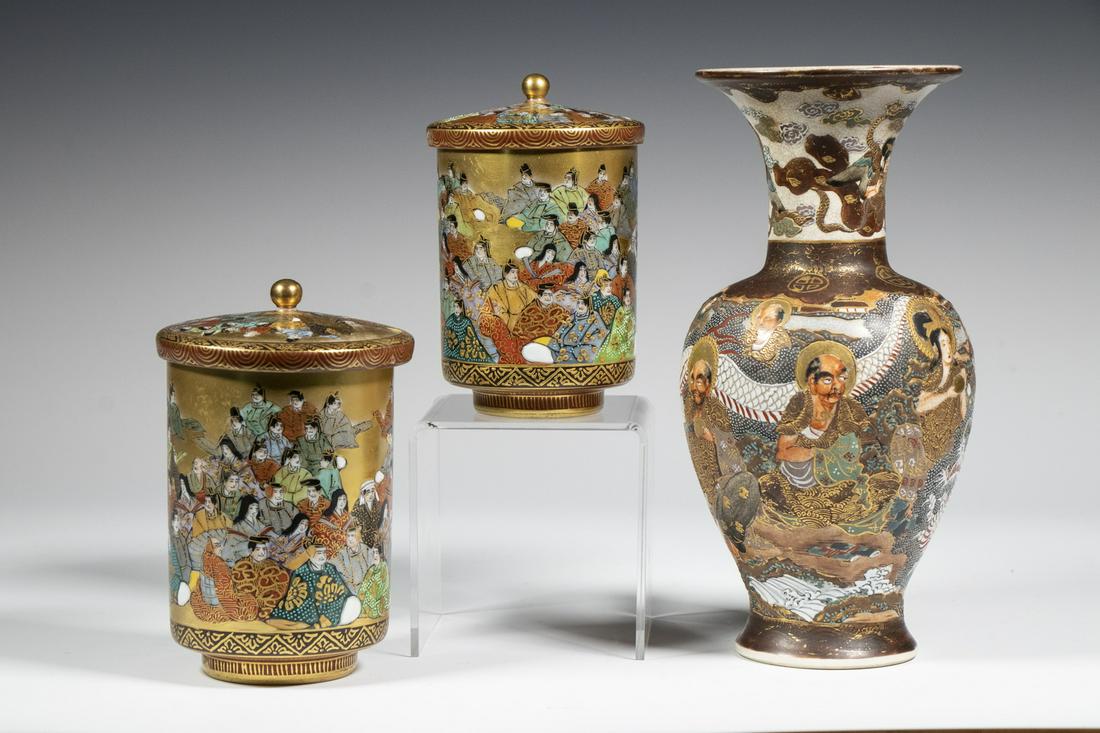 JAPANESE KUTANI & SATSUMA PORCELAIN: (3) Pieces of Porcelain, incl: (2) Kutani '100 Poets' lidded tea cups or jars with fine poetry calligraphy (saiji) to the interiors, early 20th c., four character mark on bases, 4 1/4" and 5" high, sm