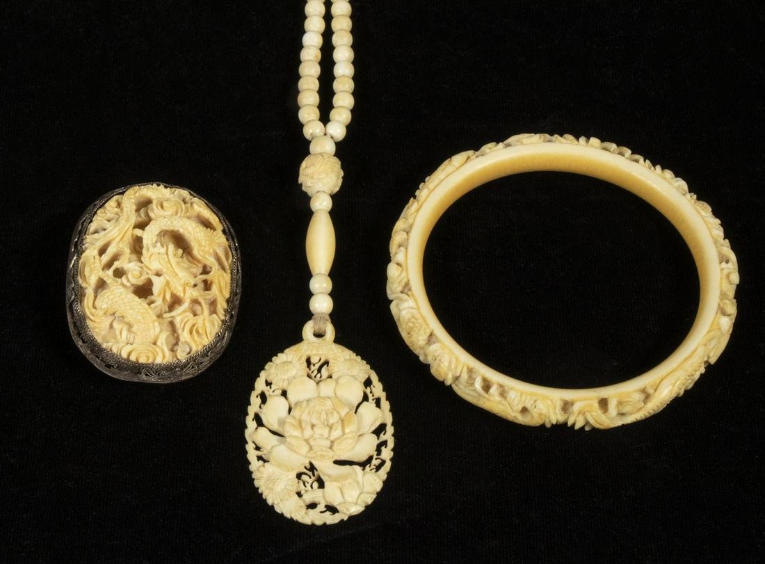ANTIQUE IVORY JEWELRY: Lot of (3) Pieces of Circa 1920 Chinese Carved Ivory Jewelry, incl: Beaded necklace, with openwork carved oval pendant with beaded drop, pendant and drop: 3 3/4" long, necklace: 33" long; Bangle brace