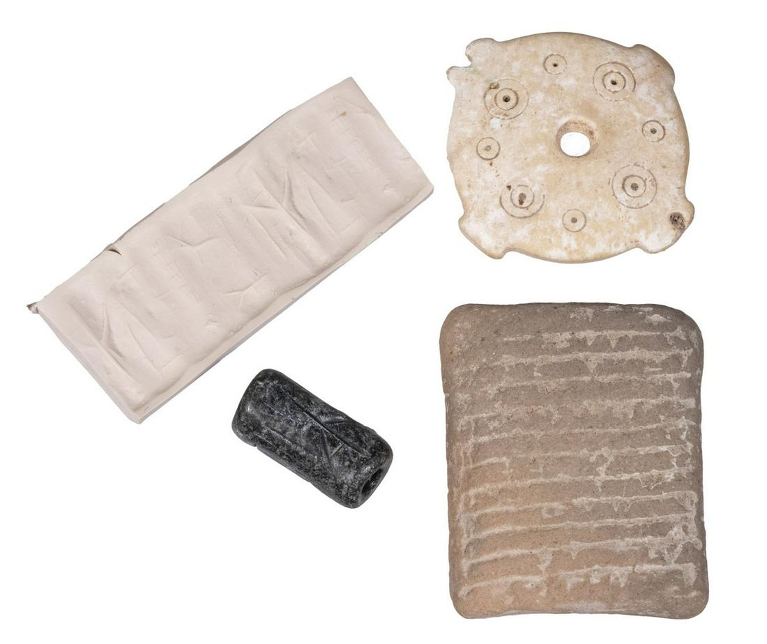 (3 PCS) MESOPOTAMIAN ANTIQUITES: Including: Iran Hisser III, 1500-1200 BC Shell Disc clothing applique, with COA from Alex G. Malloy of South Salem, NY; PLUS Engraved Stone rolling seal, 1" x 3/8" diam, pierced; PLUS Cunierform Clay 