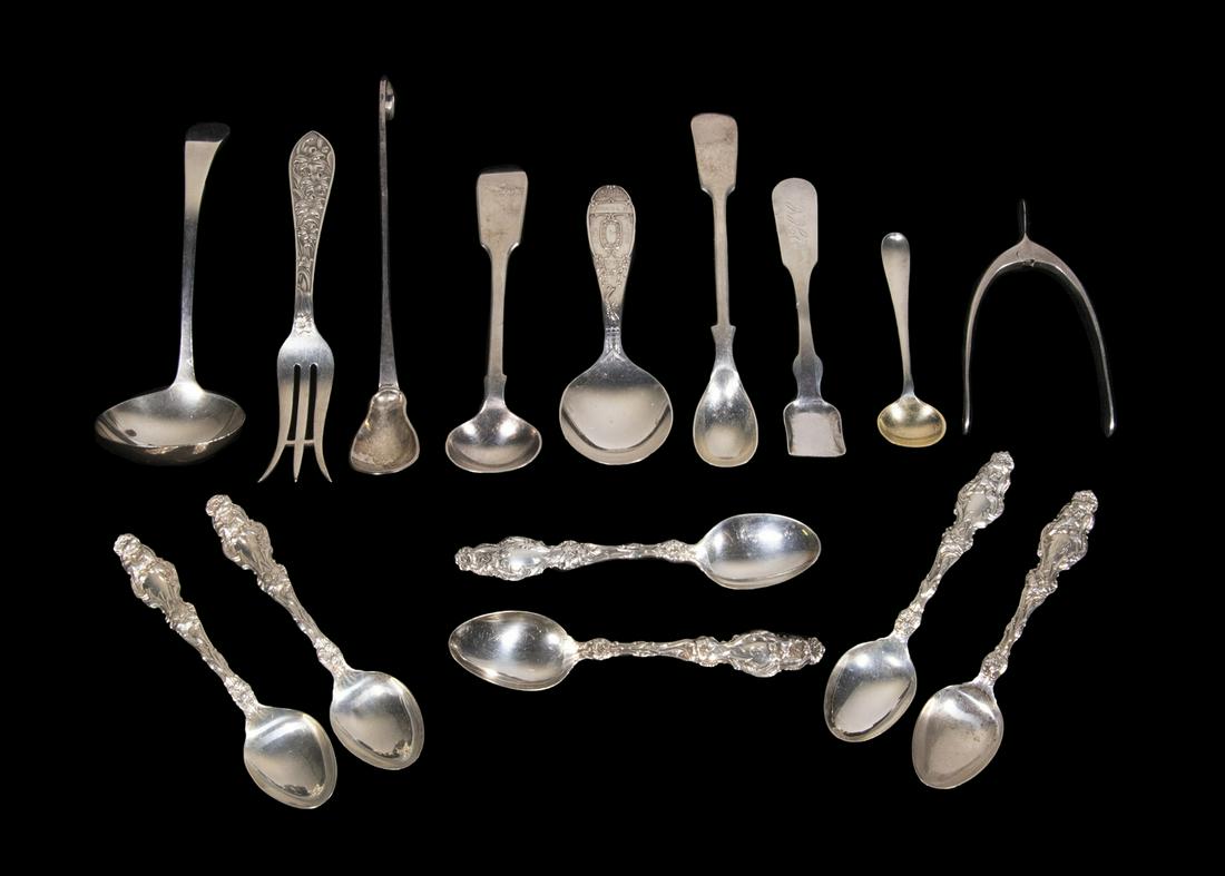 STERLING & SILVER-PLATE FLATWARE: (15) Pieces of Assorted Flatware, incl: Hammered sterling mustard spoon by Macefield (William Mace and Leonard Field, Winchester, MA, 1950-1980s), 5 1/4" long; Coin silver salt shovel by Roswell Hopki