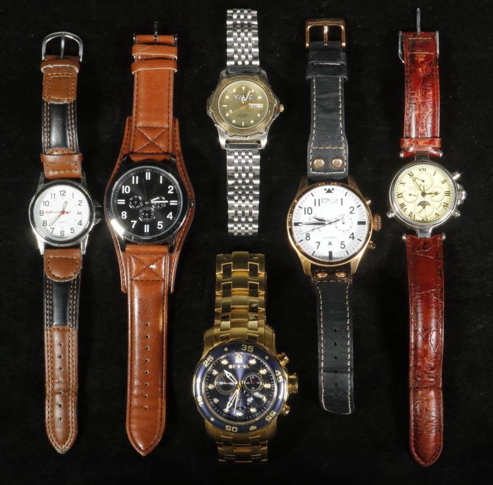 (6) GENT'S WRISTWATCHES: Collection of (6) Men's Wristwatches, incl: Invicta Pro-Diver Chronograph, model 0073, Swiss quartz movement, gold tone bracelet, stainless steel case, with instruction manual; Stauer Chronograph, sta