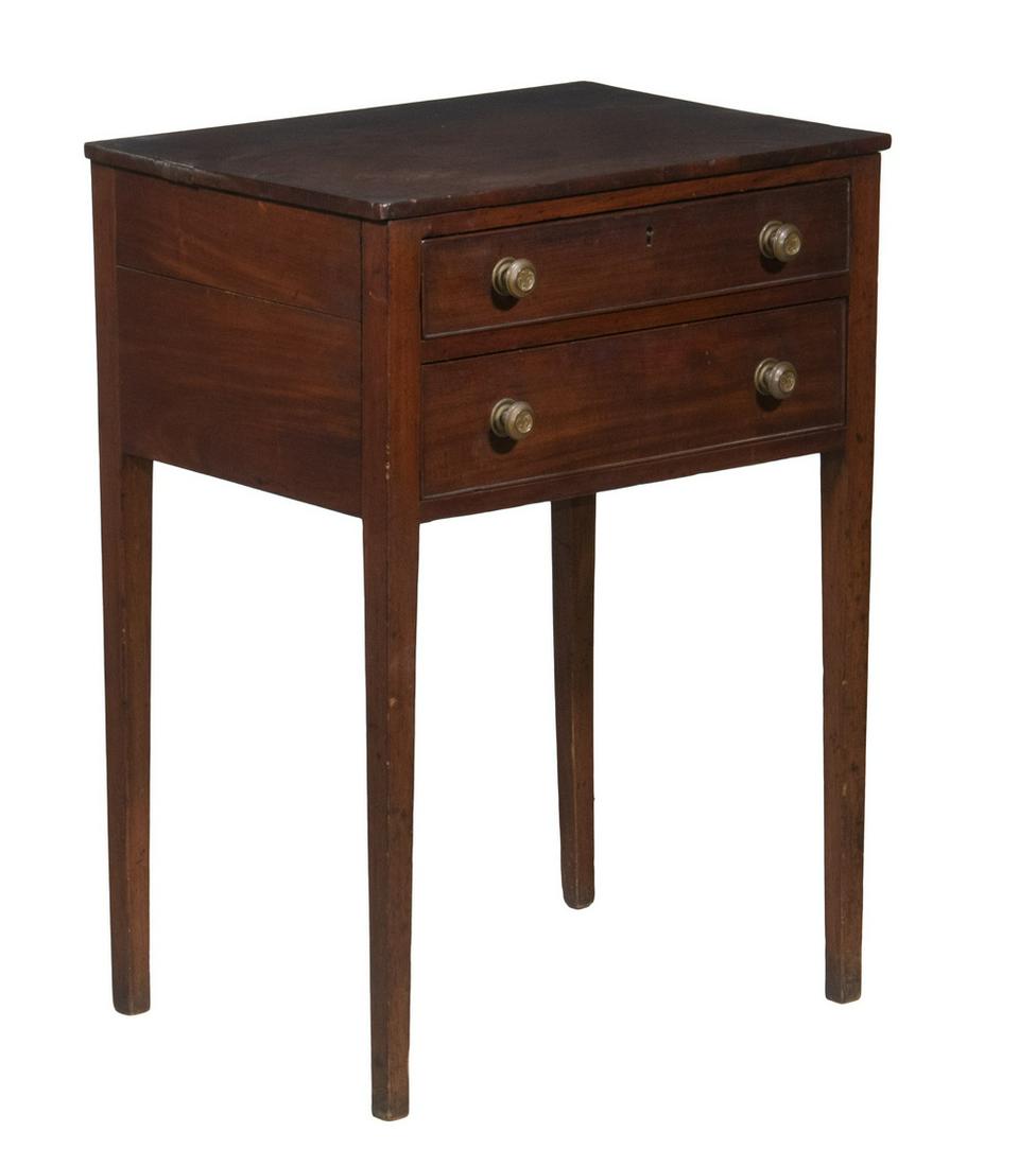 HEPPLEWHITE STAND: Early 19th c. American Mahogany Stand, with two cockbeaded edge graduated drawers with round brass pulls, top drawer with divided open compartments, set on square tapered legs, pine secondary wood, 30