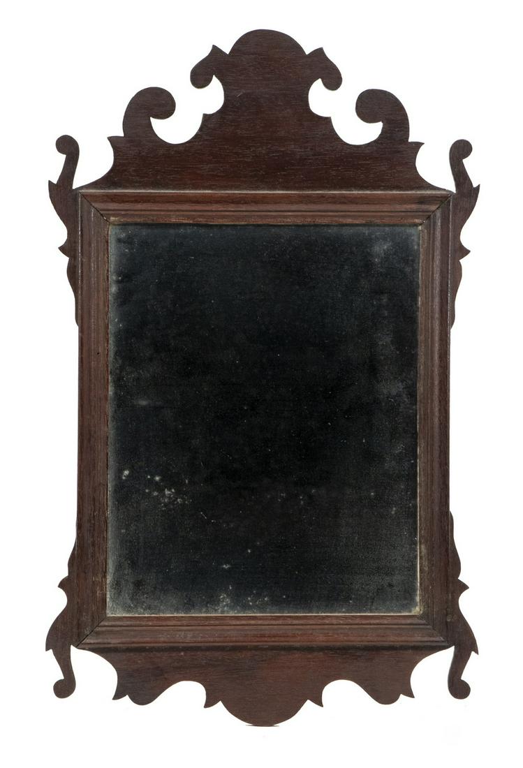 AMERICAN CHIPPENDALE MIRROR: Early 19th c. Diminutive Mahogany Mirror, with arched crest and base, scrolled ears, early glass, with wooded back panel stenciled "Prior Bros. Photographers, Prov. R.I." (mid to late 19th c.), 17 3/8