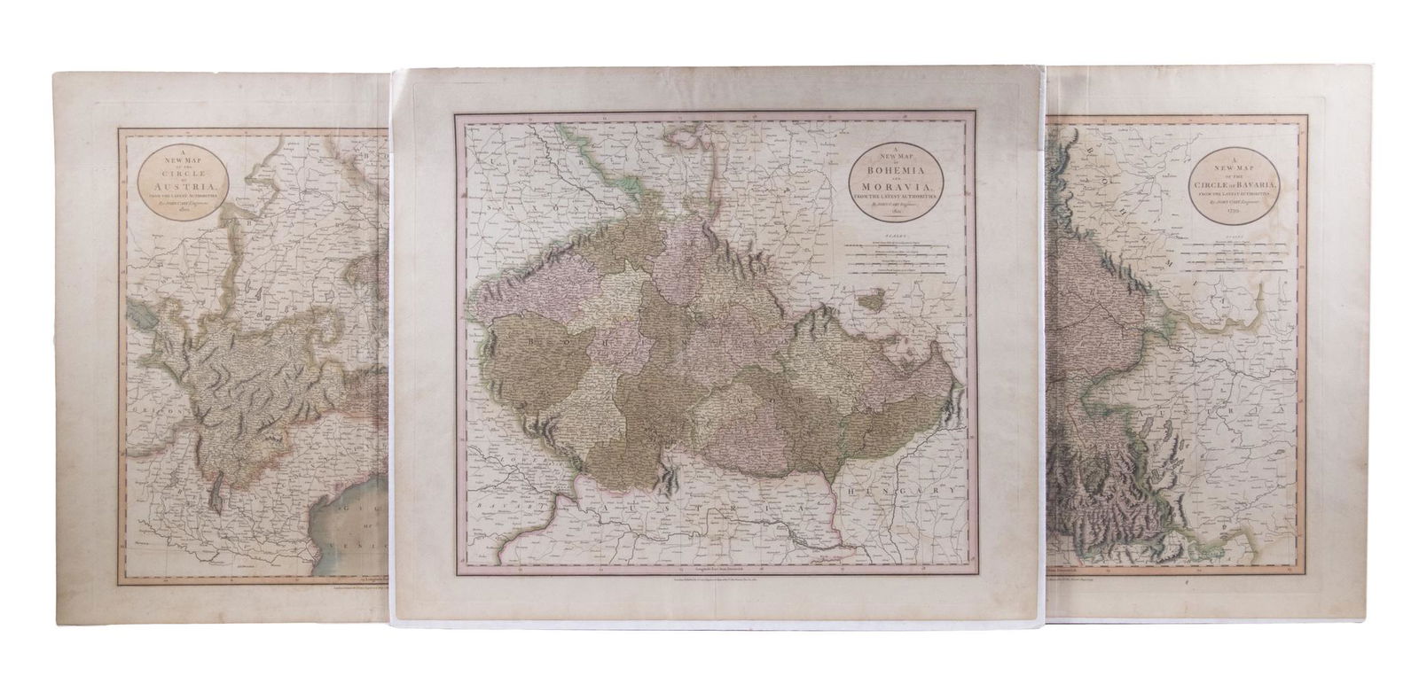 (3) EARLY MAPS OF EUROPE BY CARY: Hand colored Engraved Atlas Folio Maps of Europe, by John Cary, including: 'Circle of Bavaria', 1799; 'Bohemia and Moravia', 1801; 'Circle of Austria', all with 19 3/4" x 22" impression on 21 1/2" x 2