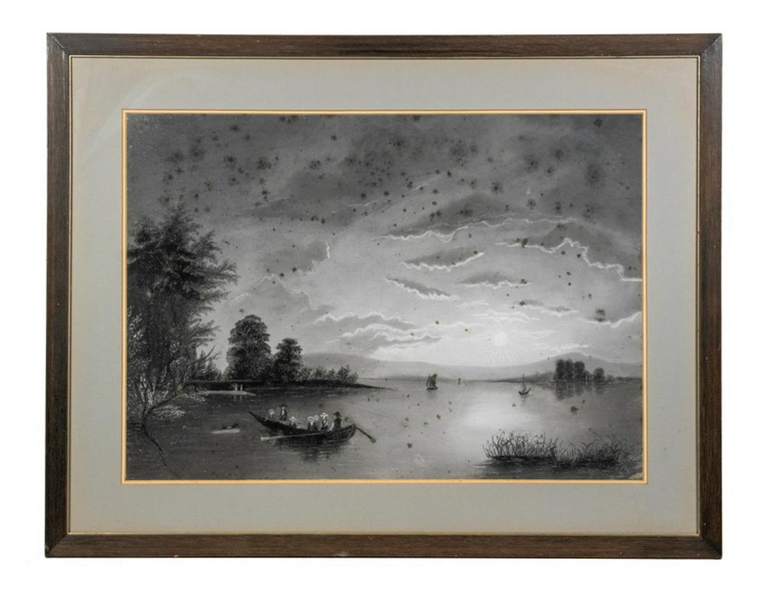 AMERICAN FOLK ART SANDPAPER DRAWING: Family Boat Outing on Upstate Lake, charcoal and white chalk on grey sandpaper, unsigned, circa 1840, in dark oak slat frame, matted and glazed, OS: 20" x 25 3/4", SS: 14" x 19 3/4". Foxing.