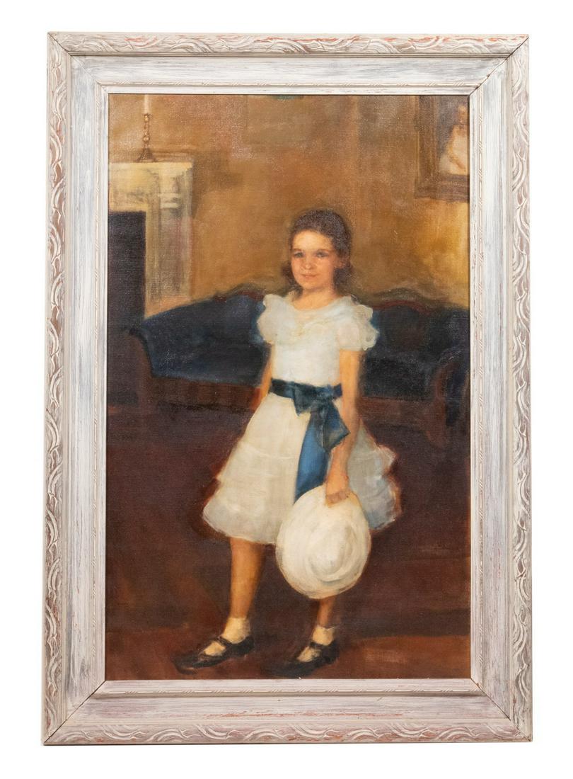 CHESTER HARDING (MA/LA/MI, 1866-1937): "A Little Maid of New England", oil on canvas, signed lower right, titled on a Southern States Arts League label verso. owner was Mrs. Maxwell Selser. In grey dry-brushed carved frame, OS: 47 1/4" x 3