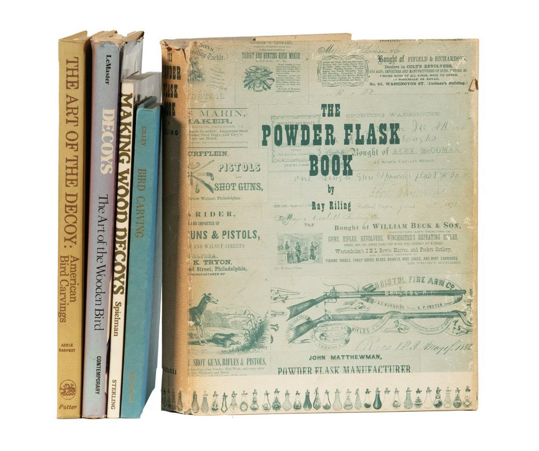 (4) BOOKS ON DUCK DECOYS & (1) ON POWDER FLASKS: "Including: "Decoys, The Art of the Wooden Bird" by Richard LeMaster, Contemporary Books, Inc., Chicago, 1982; PLUS "The Art of the Decoy: American Wood Carvings" by Adele Earnest, Carleson M. Potter,
