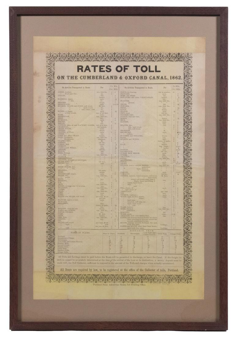 1862 CUMBERLAND & OXFORD CANAL RATES OF TOLL: Freight Canal Tolls in the middle of the Civil War, two alphabetical columns in cents and mills per mile, printed on canary paper by Portland Daily Advertiser Steam Job Printing Office. In mahogany bo