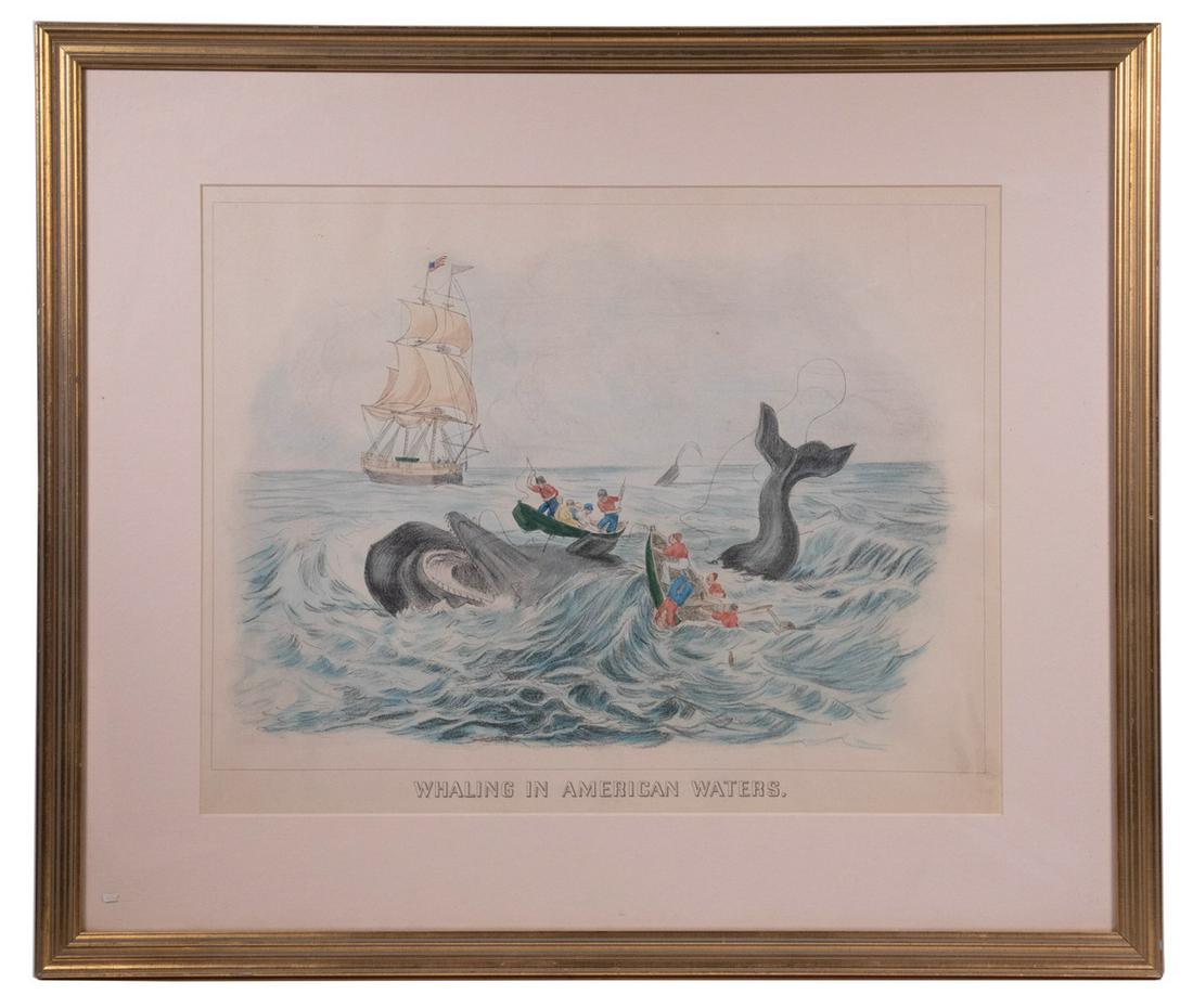 "WHALING IN AMERICAN WATERS" PHOTOLITHO PRINT, FRAMED (1 of 2)